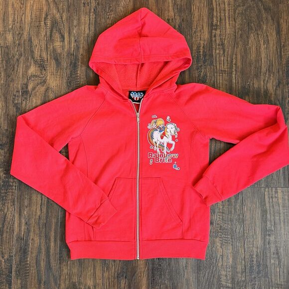 Vintage‎ Rainbow Brite Zip Up Hoodie Juniors Med Jacket Decal Red Junk Food Y2K - Picture 1 of 9
